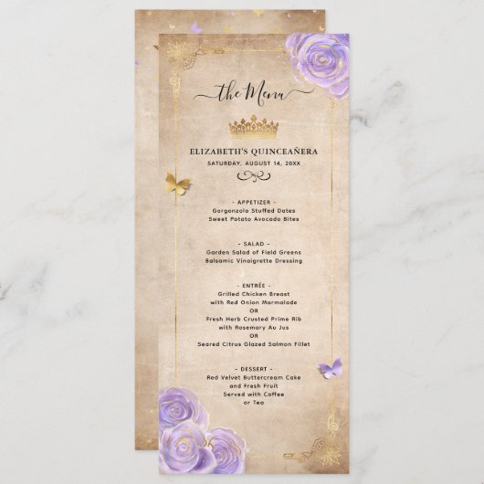 Élégant programme de menu Roses de couleur violet  (Devant / Derrière)