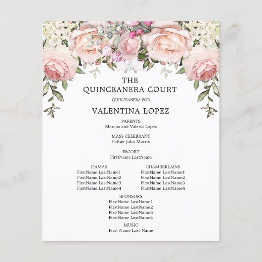 Élégant Programme de Quinceanera Floral Rose Rose (Devant)