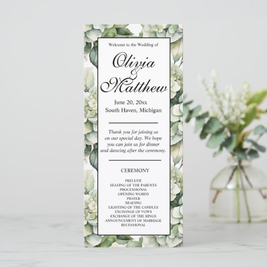 Élégant programme floral d'aquarelle verte blanche (Debout devant)