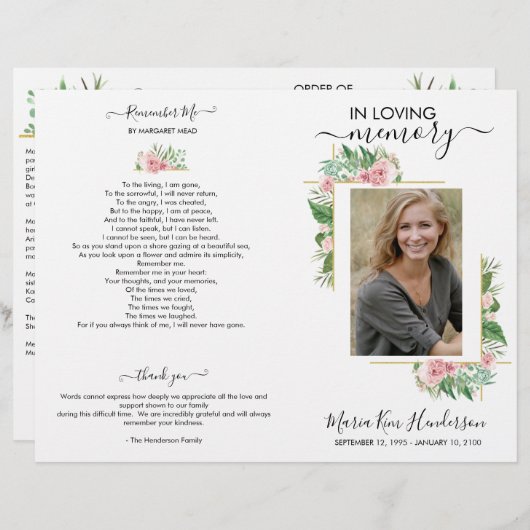 Élégant programme funéraire commémoratif photo Ros (Devant / Derrière)
