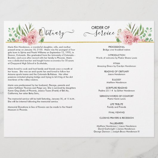 Élégant programme funéraire commémoratif photo Ros (Dos)