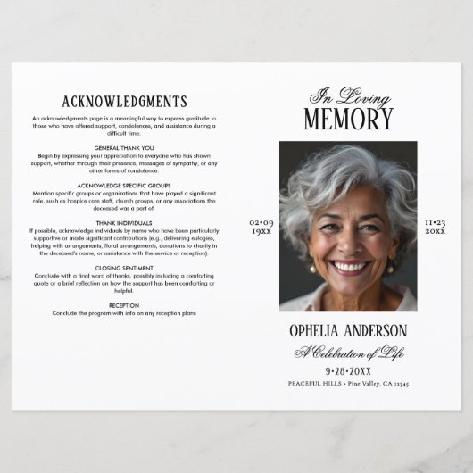 Élégant programme funéraire photo moderne noir & b (Devant)