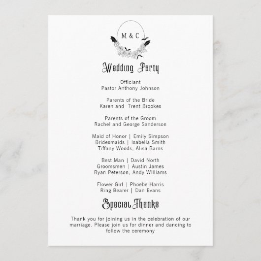 Élégant programme gothique de mariage floral (Dos)