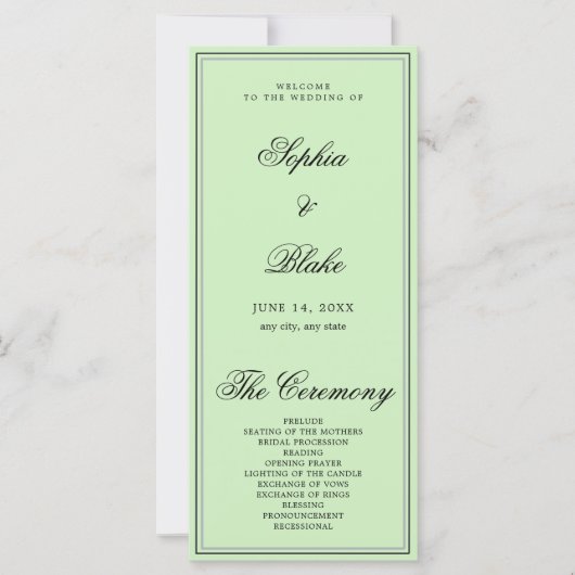 Élégant Programme Minimaliste Thé Vert Mariage (Devant)