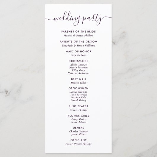 Élégant programme moderne de mariage violet (Dos)