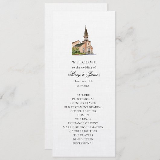 Élégant programme plat Mariage de l'église aquarel (Devant / Derrière)