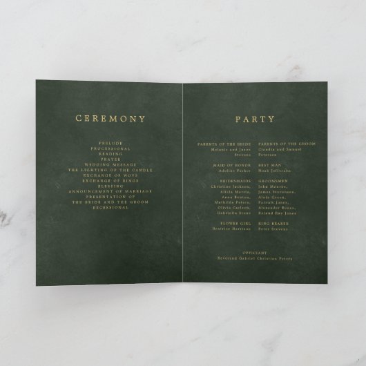 Élégant programme plié mariage or vert (Intérieur)