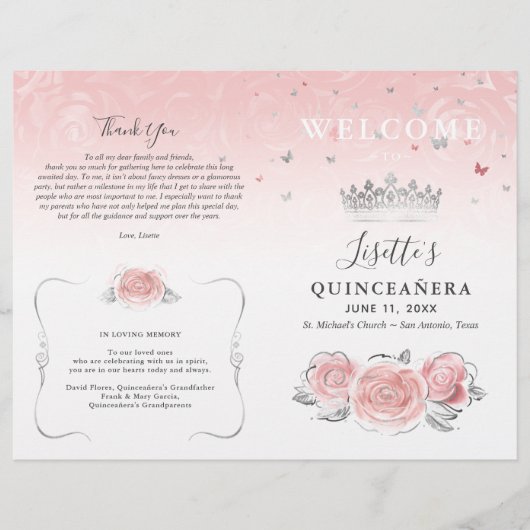 Élégant programme Quinceanera rose et argent clair (Devant)