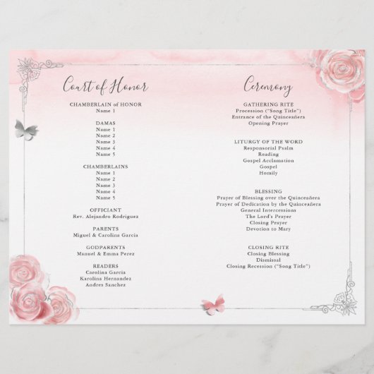 Élégant programme Quinceanera rose et argent clair (Dos)