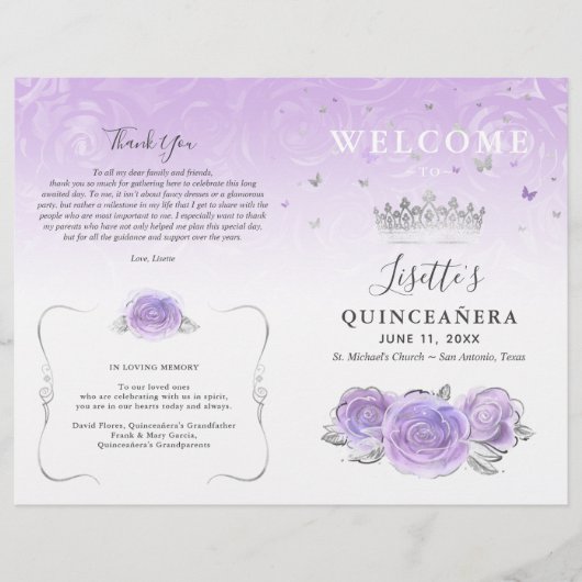 Élégant Programme Quinceañera Violet Clair Argent (Devant)