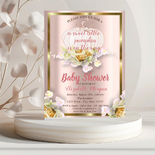 Elegant Pumpkin, Floral, Gold Baby shower Invitati Kaart