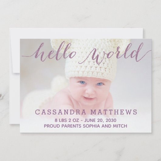 Élégant Purple Baby Birth Photo Faire-part (Devant)