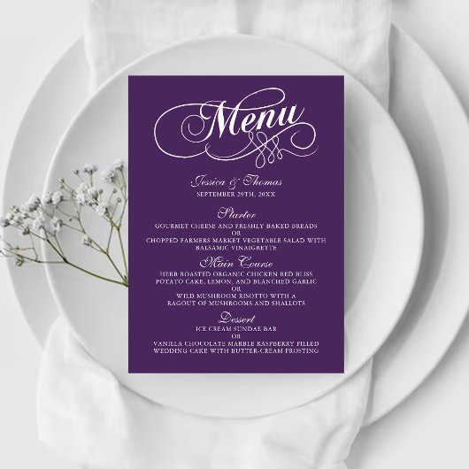 Élégant Purple Et Blanc Mariage Menu Modèles