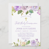 Élégant Purple Floral Baptême Communion Invitation (Devant)