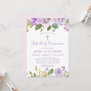 Élégant Purple Floral Baptême Communion Invitation