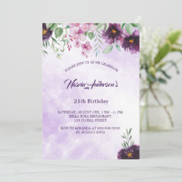 Elegant Purple Floral Birthday Invitation Kaart