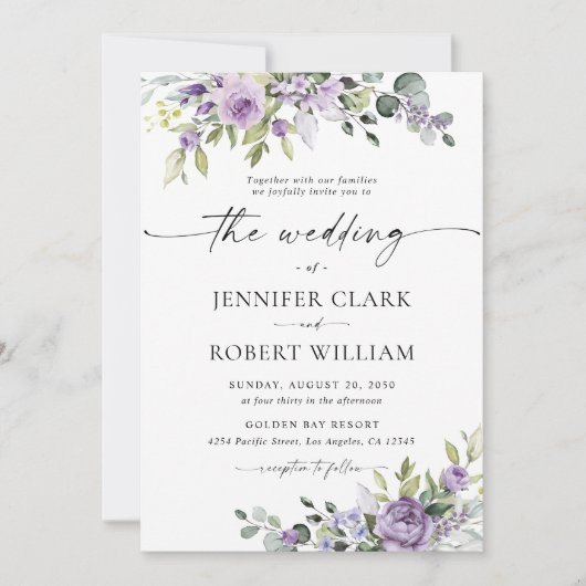 Elegant Purple Floral Wedding Invitation (Devant)
