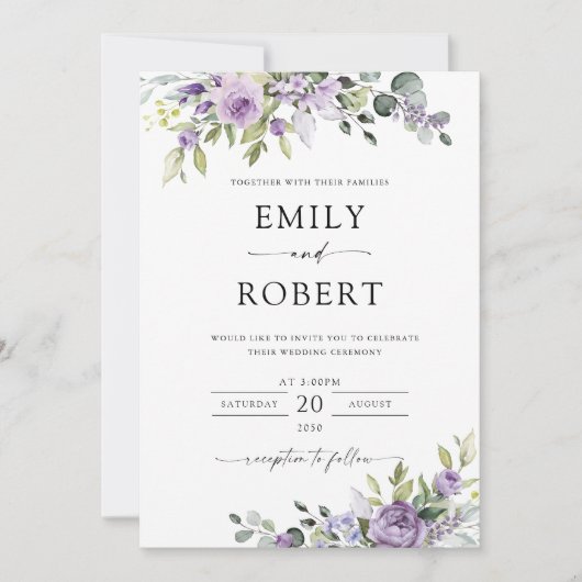 Elegant Purple Floral Wedding Invitation (Devant)