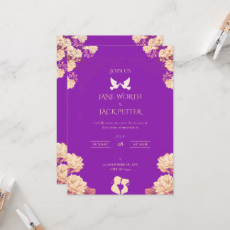 Elegant Purple Floral Wedding Invitation with Dove Kaart