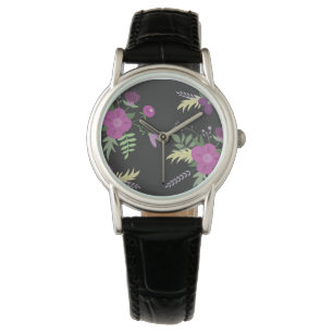 Elegant Purple Flowers Art over zwart Horloge