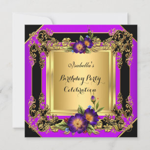 Elegant Purple Flowers Gold Black Birthday Party Kaart