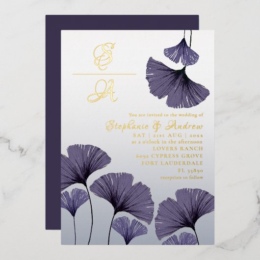 Elegant Purple Ginkgo Foliage Wedding Invitation (Recto/Verso)