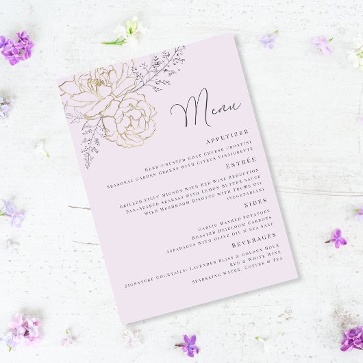 Elegant Purple Gold Floral Wedding Menu