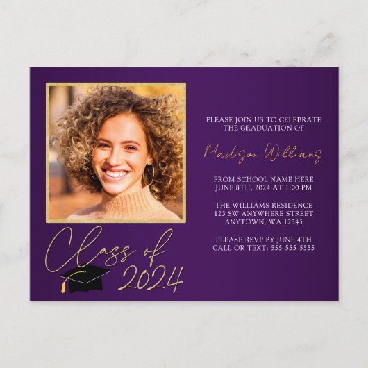 Elégant Purple Gold Graduation Party Invitation (Devant)