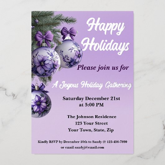 Elégant Purple Ornament Foil Invitation de vacance (Recto)