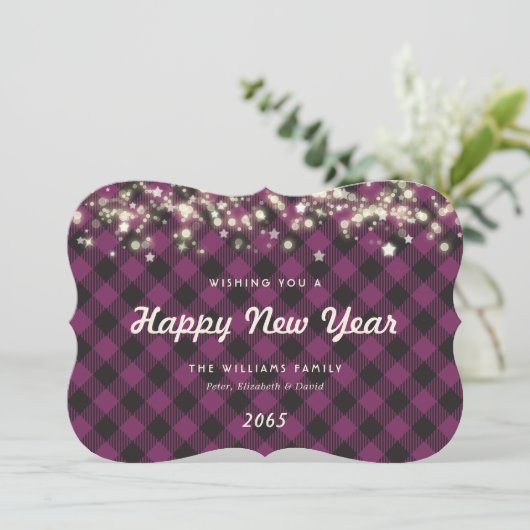 Elegant Purple Plaid New Year Card Feestdagenkaart (Staand voorkant)