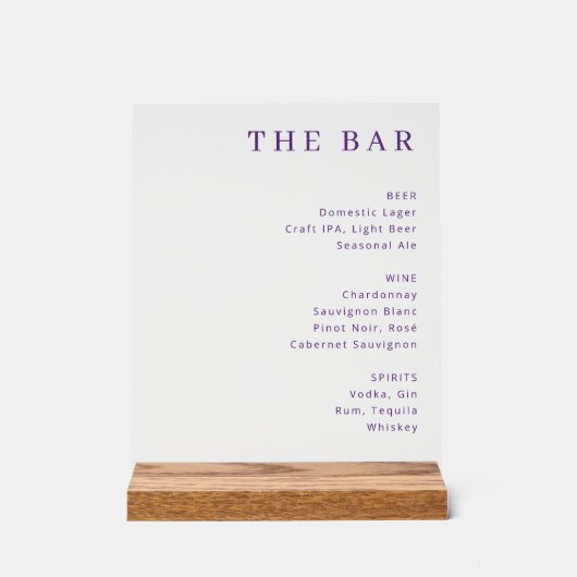 Elegant Purple Serif Bar Menu Acryl Bord (Voorkant)