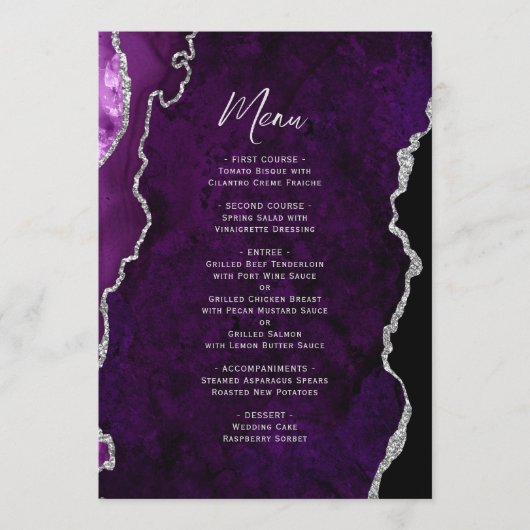 Elegant Purple Silver Agate Wedding Menu (Devant)