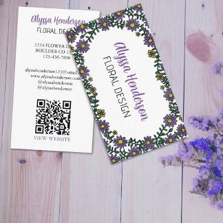 Elegant Purple & White Floral QR Code Florist Visitekaartje
