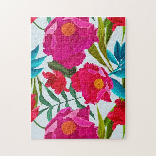 Élégant Puzzle Tropical Rose Et Fleurs Rouges (Vertical)
