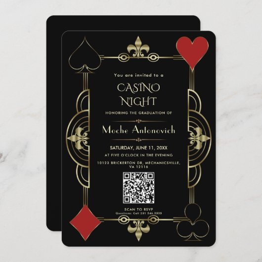 Elegant QR Code Las Vegas Casino Night Afstuderen Kaart (Voorkant / Achterkant)