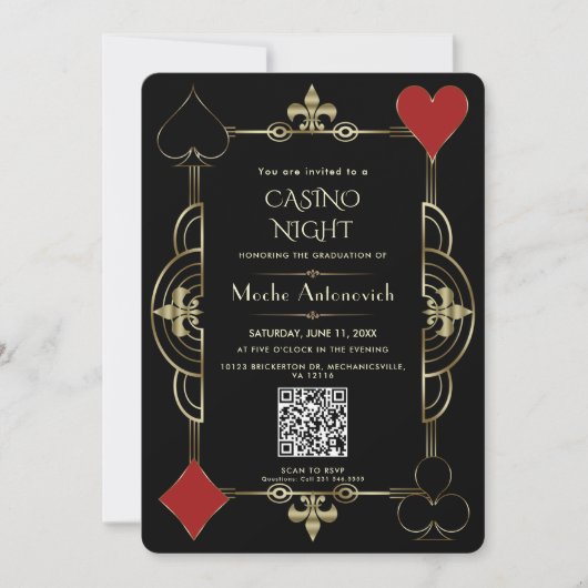 Elegant QR Code Las Vegas Casino Night Afstuderen Kaart (Voorkant)