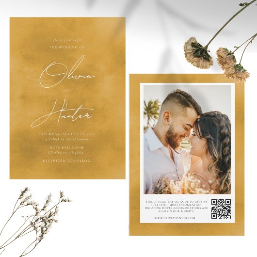 Elegant QR Code Mustard Yellow Weddenschap Kaart