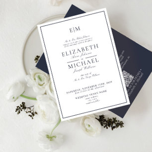 Elegant QR Code Navy Blue Classic Monogram Weddens Kaart