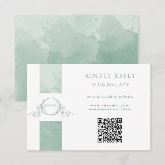 Elegant QR-code RSVP Bleek groen monogram huwelijk Kaartje (Voorkant / Achterkant)