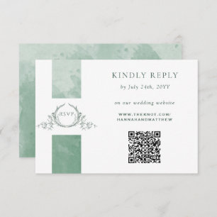 Elegant QR-code RSVP Green Monogram Weddenschap Informatiekaartje