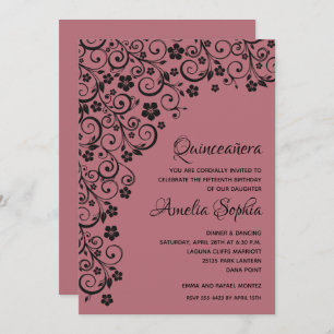 Elegant Quinceañera Black & Roos Gold Swirls