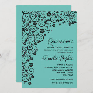 Elegant Quinceañera Black & Tiffany Blue Swirls