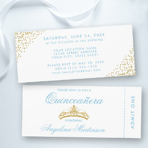 Elegant Quinceanera Blue en Gold Ticket Kaart