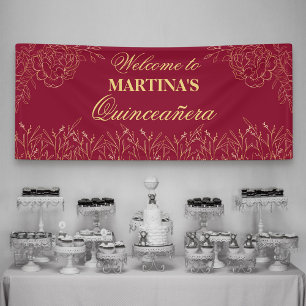 Elegant Quinceanera Burgundy Gold Floral Welkom Spandoek