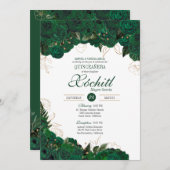 Elegant Quinceanera Emerald Green Gold Roos Floral Kaart (Voorkant / Achterkant)
