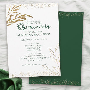 Elegant Quinceanera en Mass Green en Gold Leaf Kaart