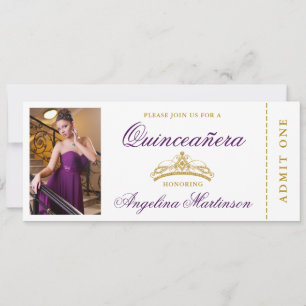 Elegant Quinceanera Foto Paars en Gold Ticket Kaart