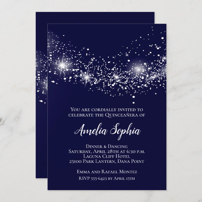 Elegant Quinceañera Glitter Navy Blue Invites (Voorkant / Achterkant)