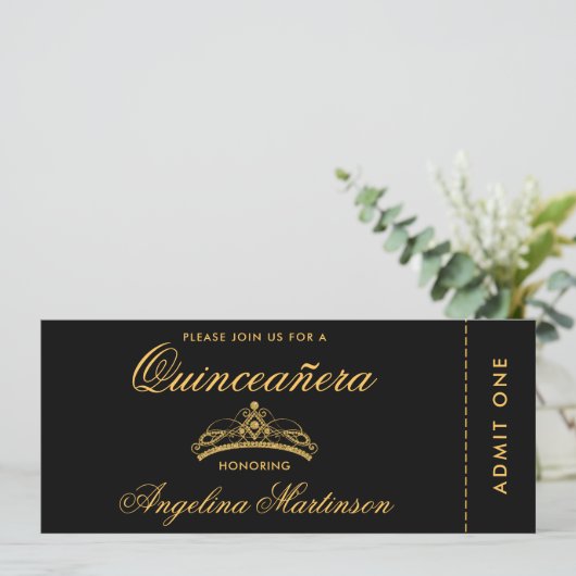 Elegant Quinceanera Gold en Black Ticket Kaart (Staand voorkant)