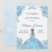 Elegant quinceanera Invitation blue floral theme (Devant / Derrière)